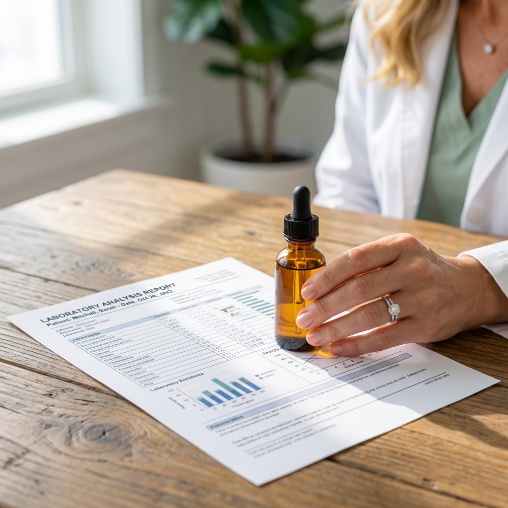 A close up photo of a hand holding a small amber dropper bottle next to a printed laboratory report on a wooden table under natural light