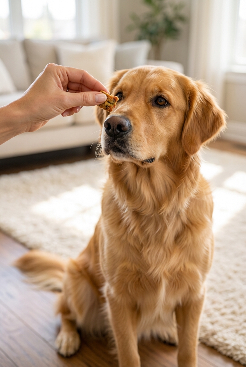 A close-up photo of a hand holding a small treat just above a dog’s nose as the dog begins to sit