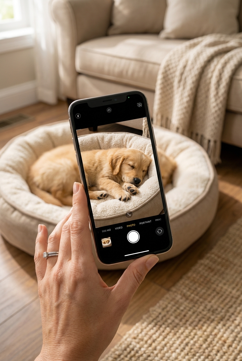 A close-up photo of a hand holding a smartphone, taking a picture of a puppy near a dog bed in a living room