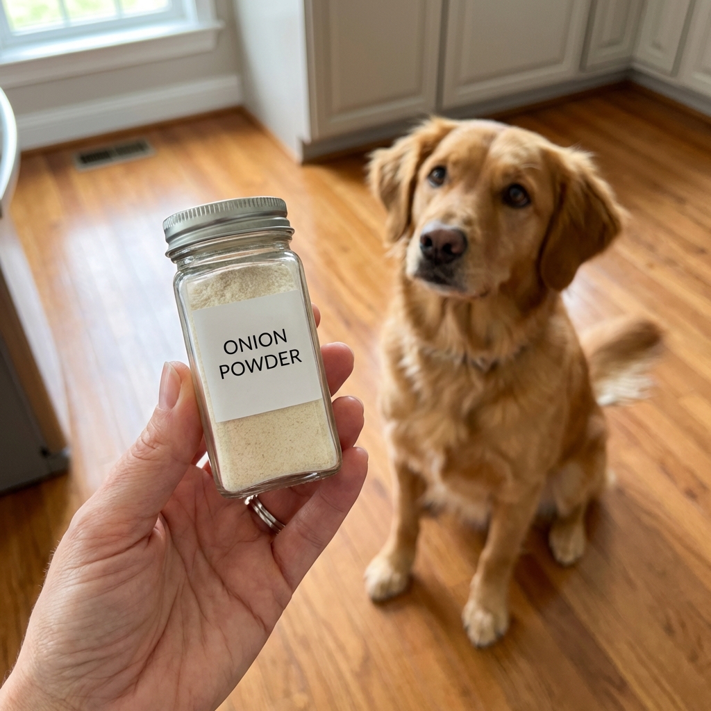 A close-up photo of a hand holding a spice jar labeled onion powder next to a dog watching from the floor