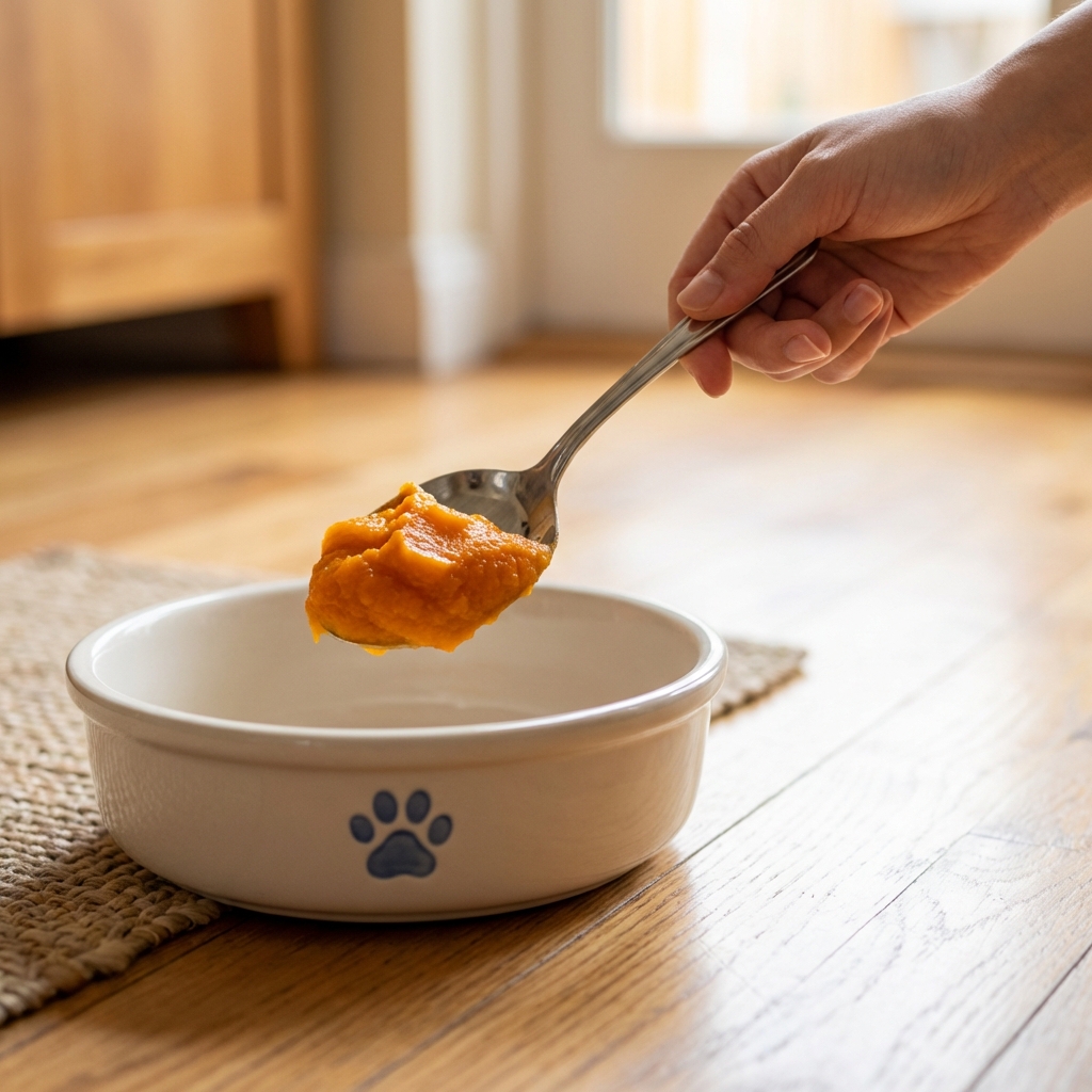 A close-up photo of a hand holding a spoonful of plain canned pumpkin next to a dog bowl