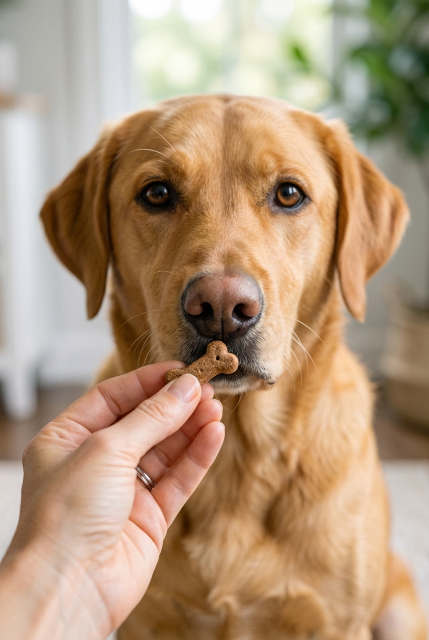 A close-up photo of a hand offering a tiny treat to a dog making eye contact