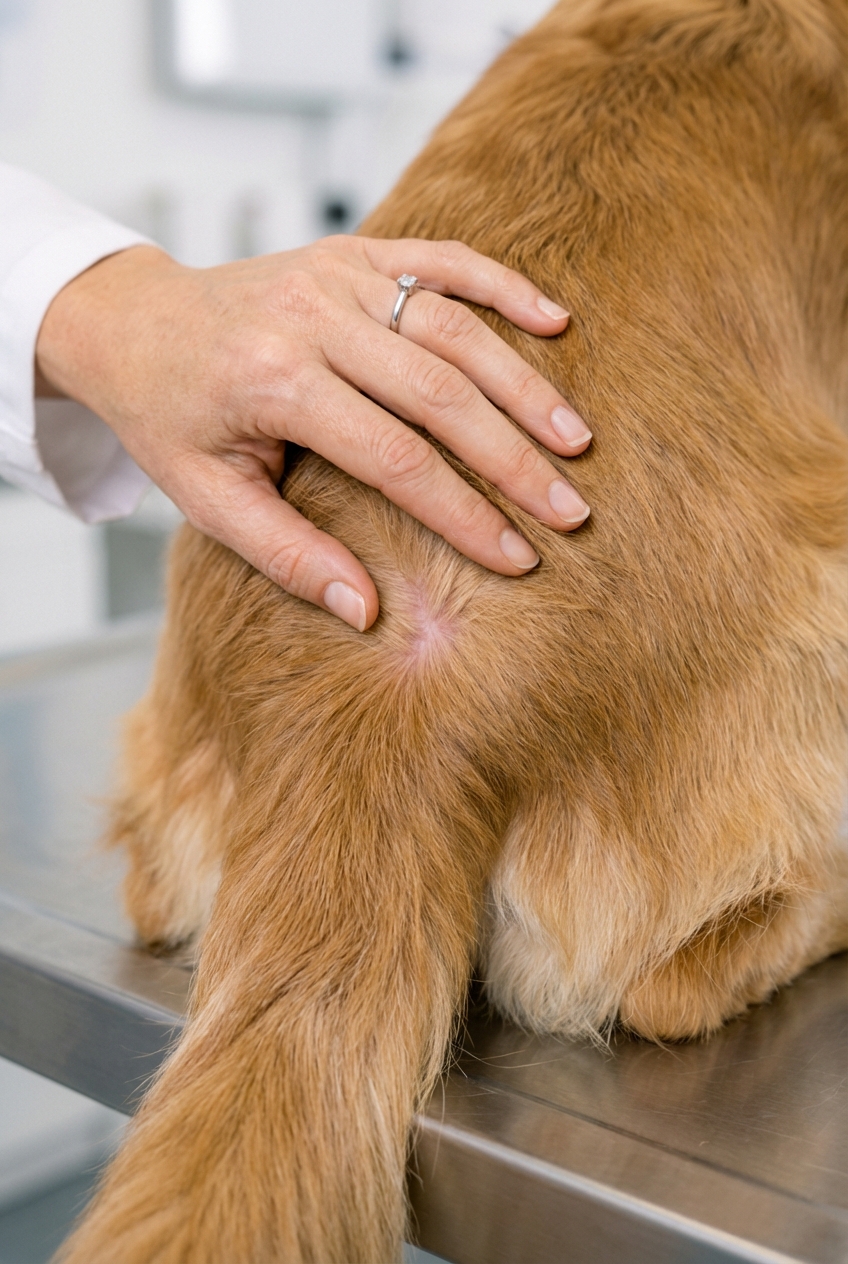 A close-up photo of a hand parting a dog’s fur near the tail base to check the skin