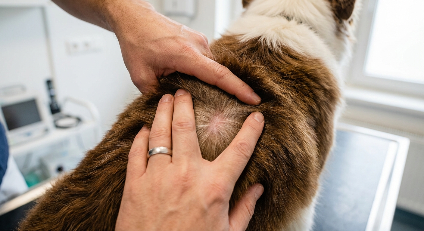 A close up photo of a hand parting a dog’s fur to check the skin near the back