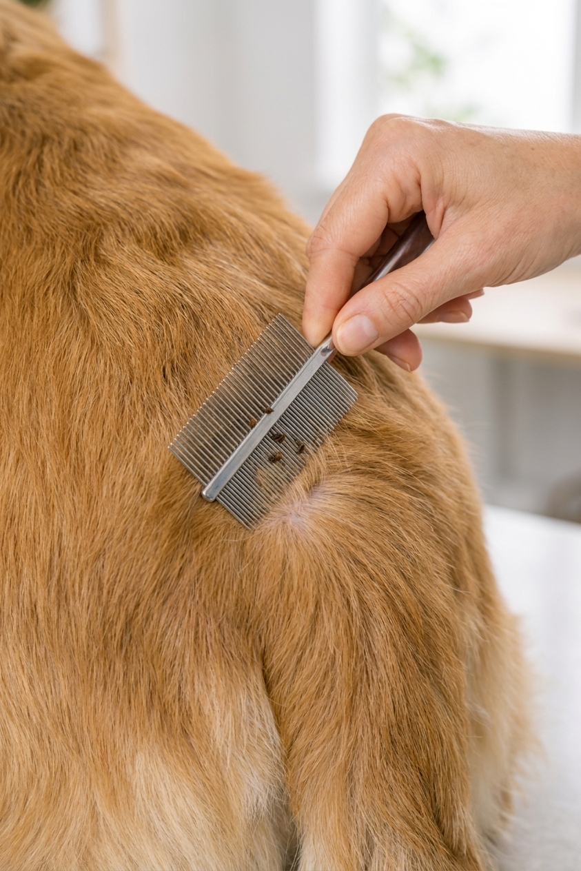 A close-up photo of a hand using a flea comb along a dog’s lower back near the tail base, with tiny dark specks caught in the comb teeth
