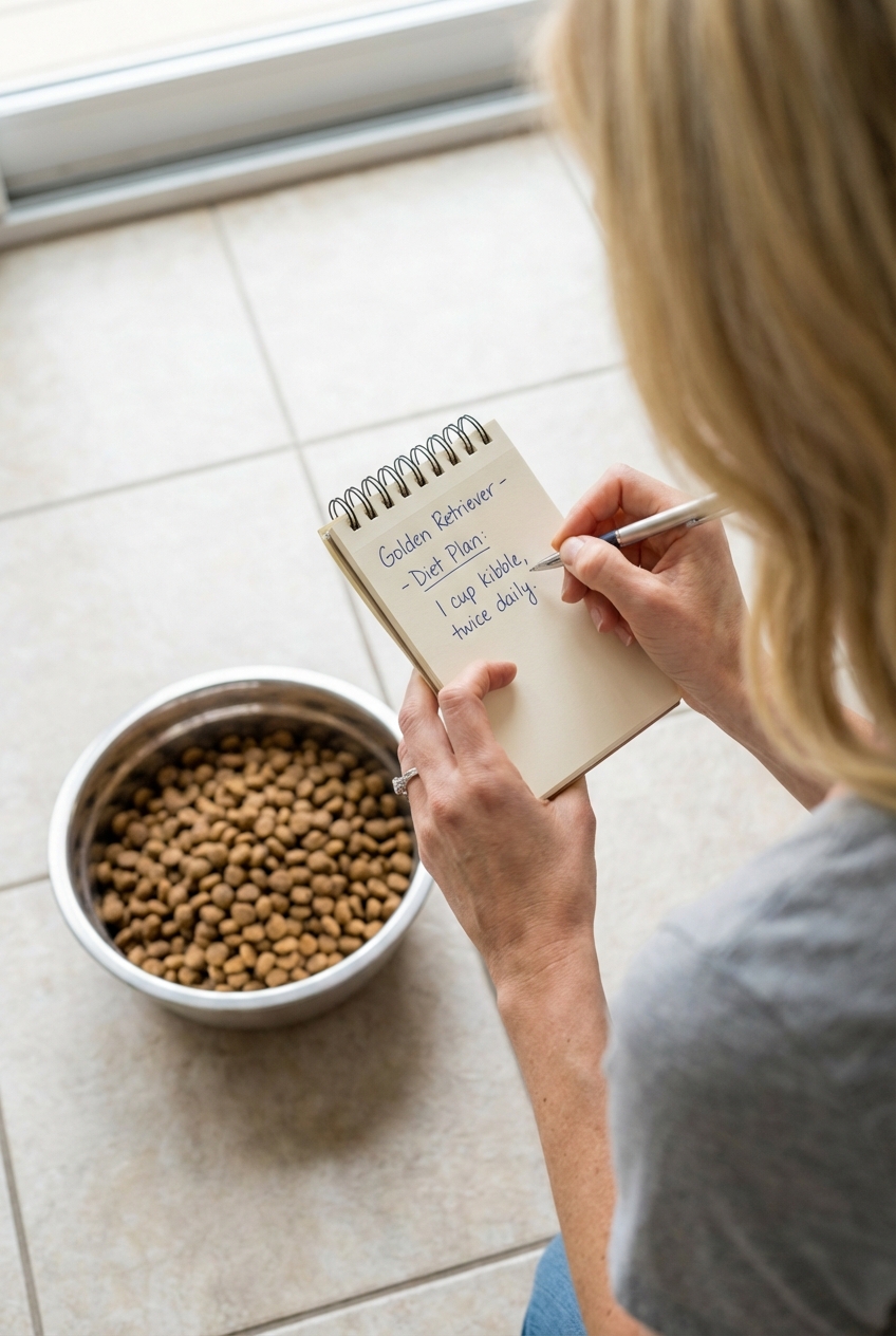 A close-up photo of a hand writing notes in a small notebook next to a dog food bowl
