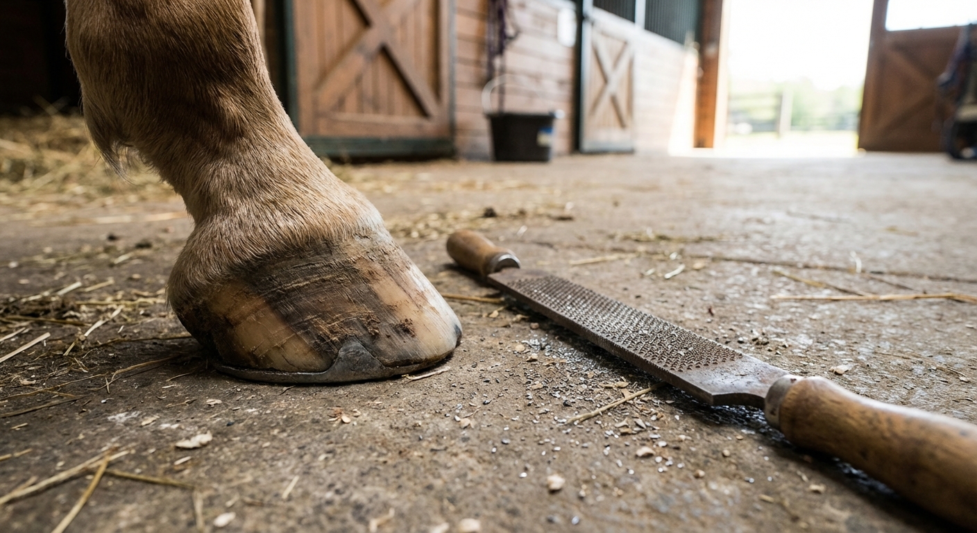 A close-up photo of a horse's hoof on a barn aisle with a farrier's rasp resting nearby