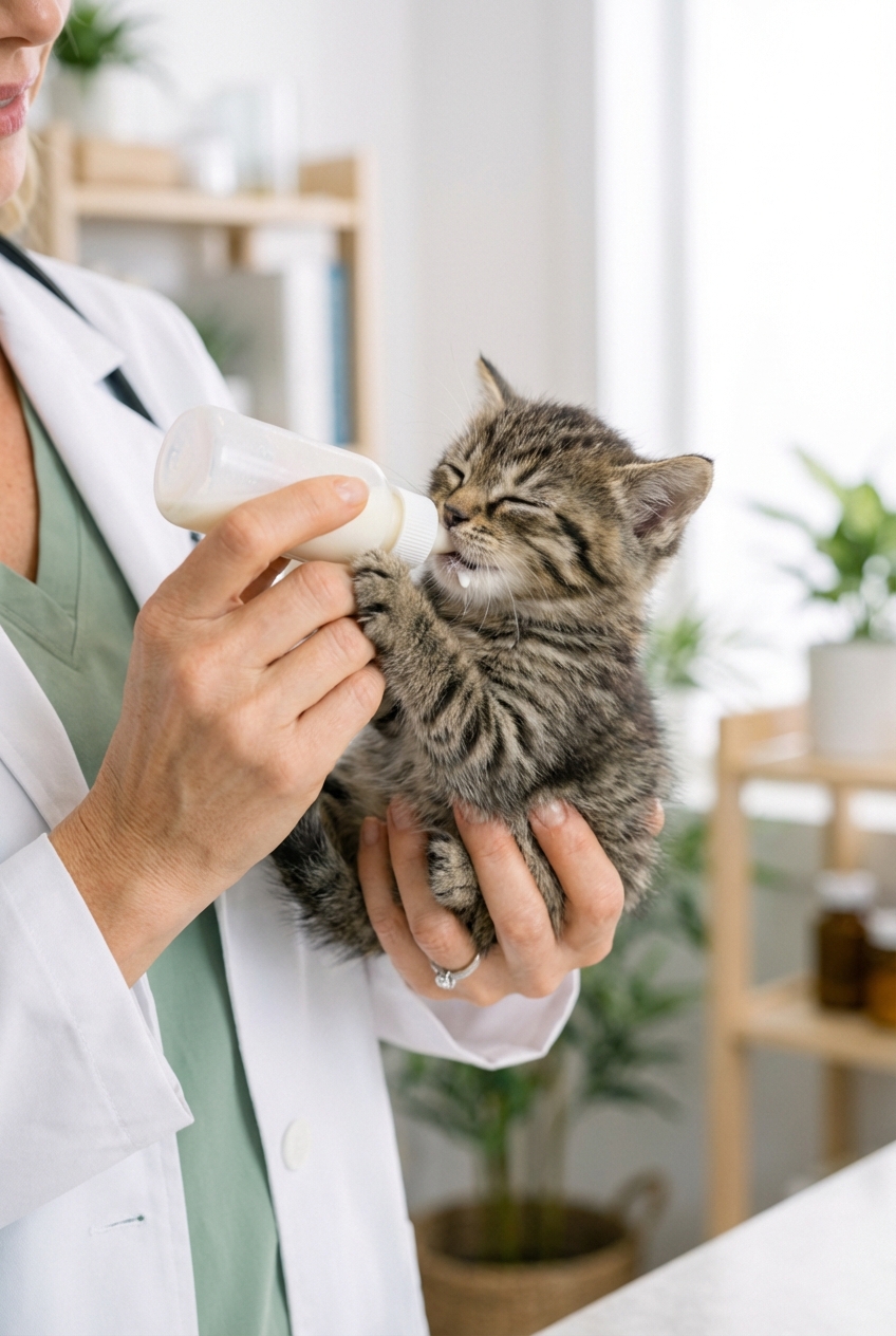 A close-up photo of a kitten drinking from a small bottle held by a caregiver