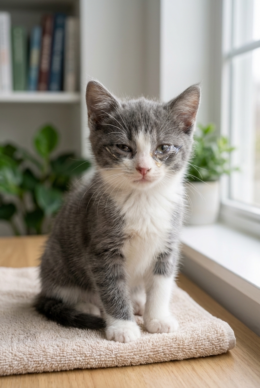 A close-up photo of a kitten with mild watery eye discharge sitting indoors in natural window light