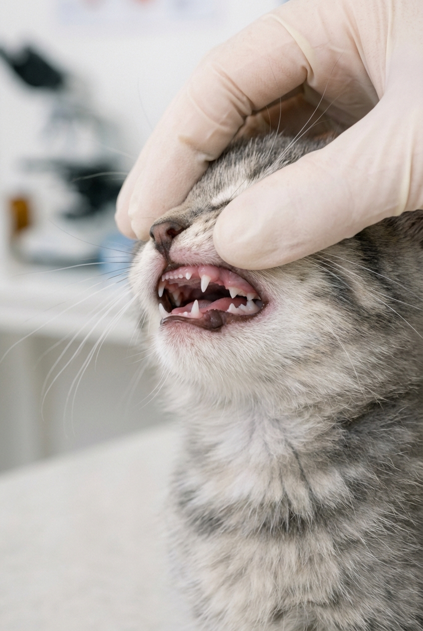 A close-up photo of a kitten's mouth showing small white baby teeth