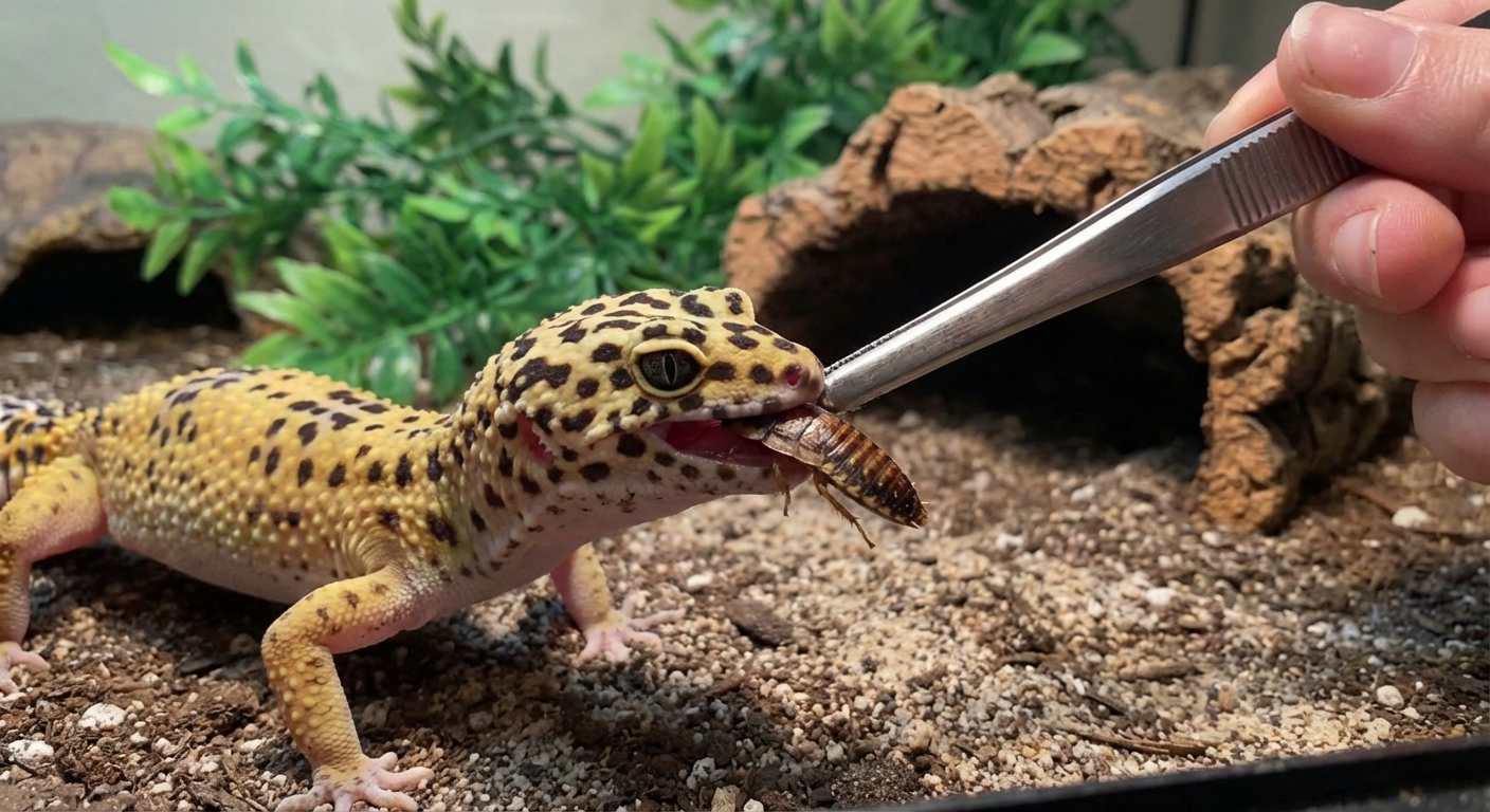 A close-up photo of a leopard gecko eating a dubia roach from feeding tongs