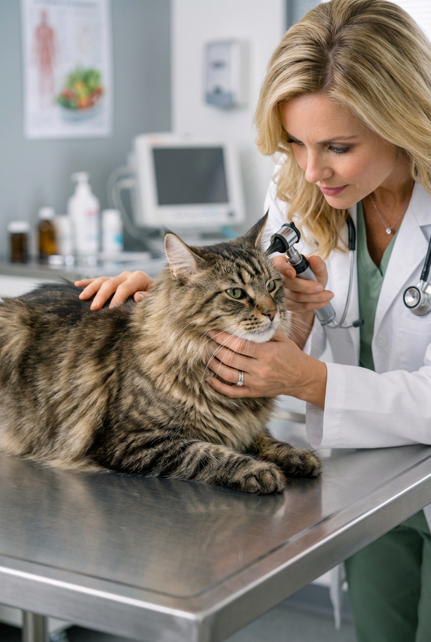 A close-up photo of a long-haired cat being gently examined by a veterinarian on a stainless steel exam table