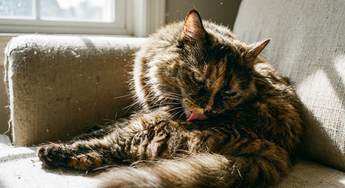 A close-up photo of a long-haired cat grooming its shoulder on a sofa in natural light