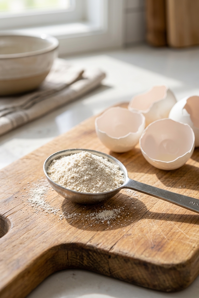 A close-up photo of a measuring spoon holding finely ground eggshell powder on a wooden cutting board next to clean eggshell halves, bright kitchen lighting, photorealistic