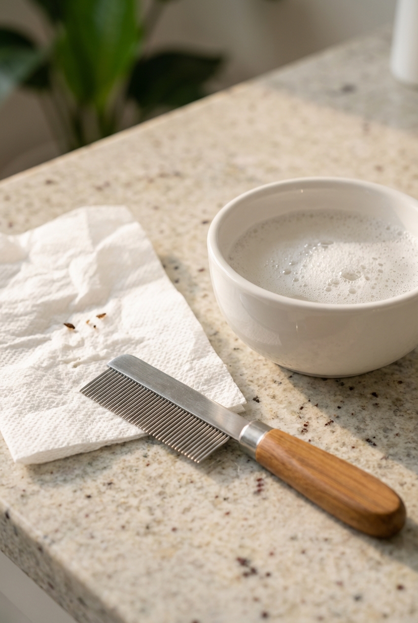 A close-up photo of a metal flea comb, a white paper towel, and a small bowl of soapy water on a countertop