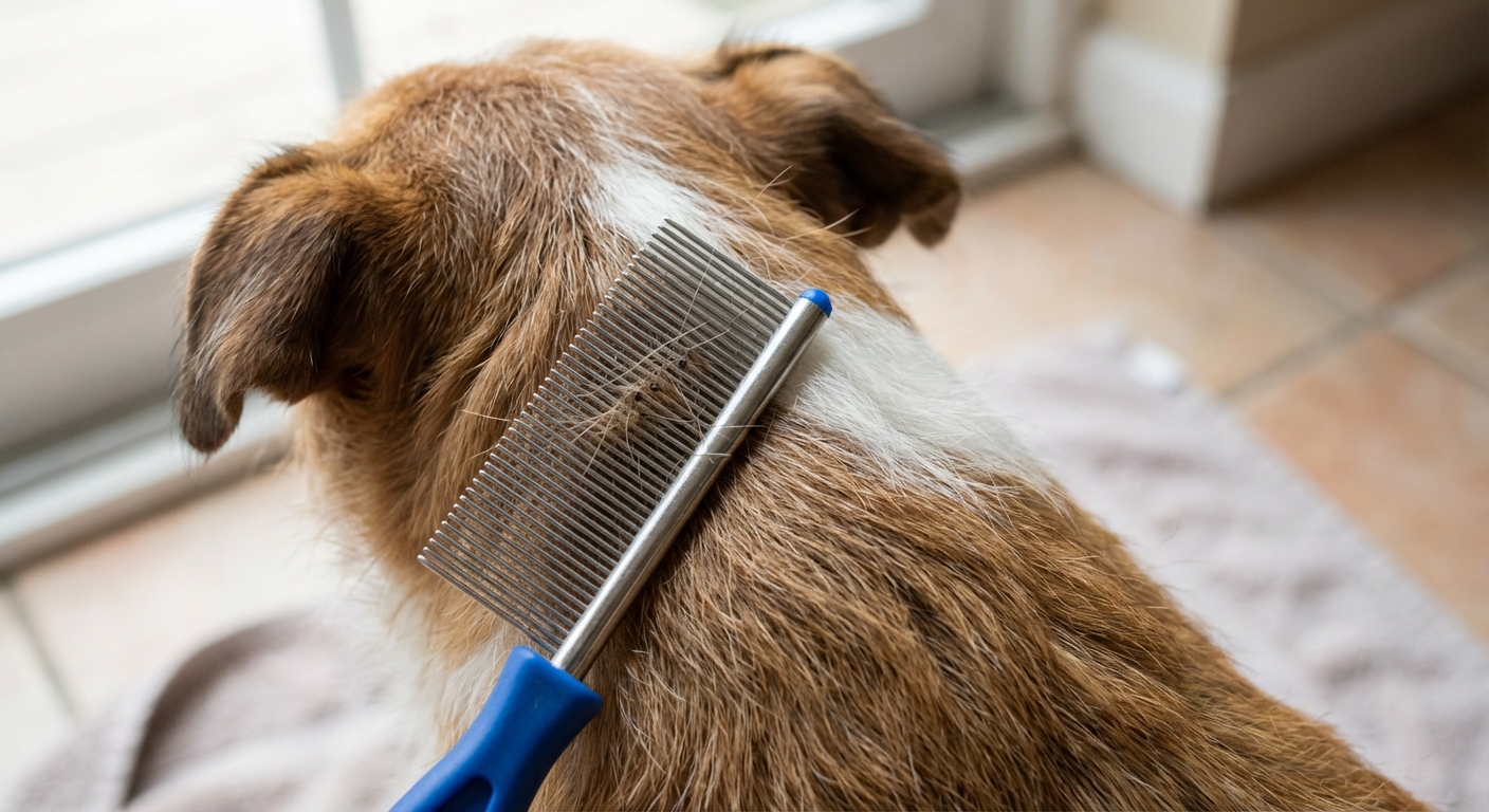 A close-up photo of a metal flea comb being used on a dog's coat