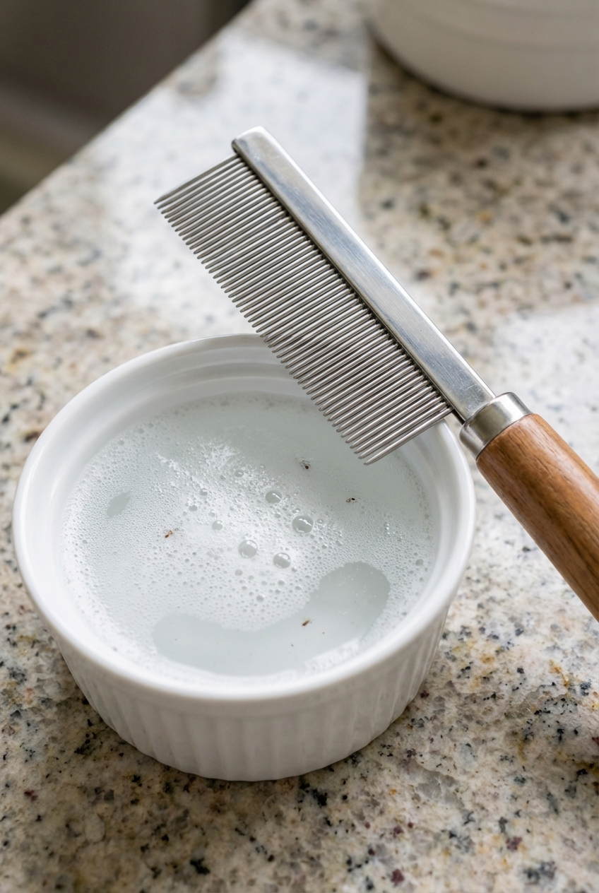 A close-up photo of a metal flea comb next to a small bowl of soapy water on a countertop
