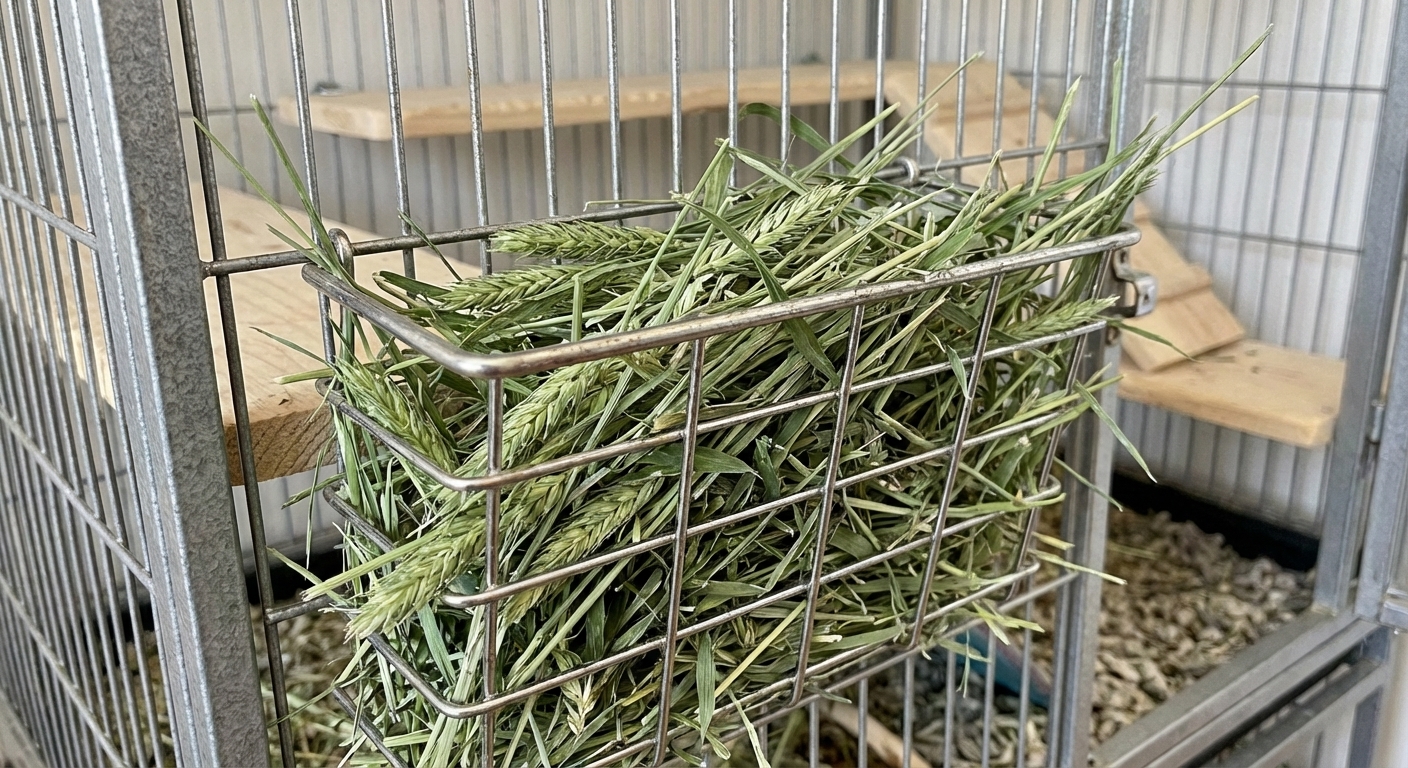 A close-up photo of a metal hay rack mounted to a chinchilla cage filled with fresh timothy hay, crisp focus, photorealistic