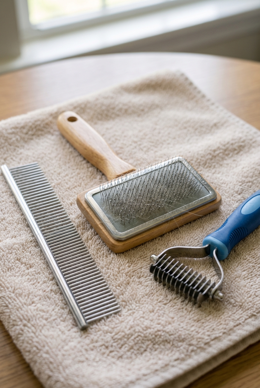 A close-up photo of a metal pet comb, a slicker brush, and a small dematting tool arranged on a towel