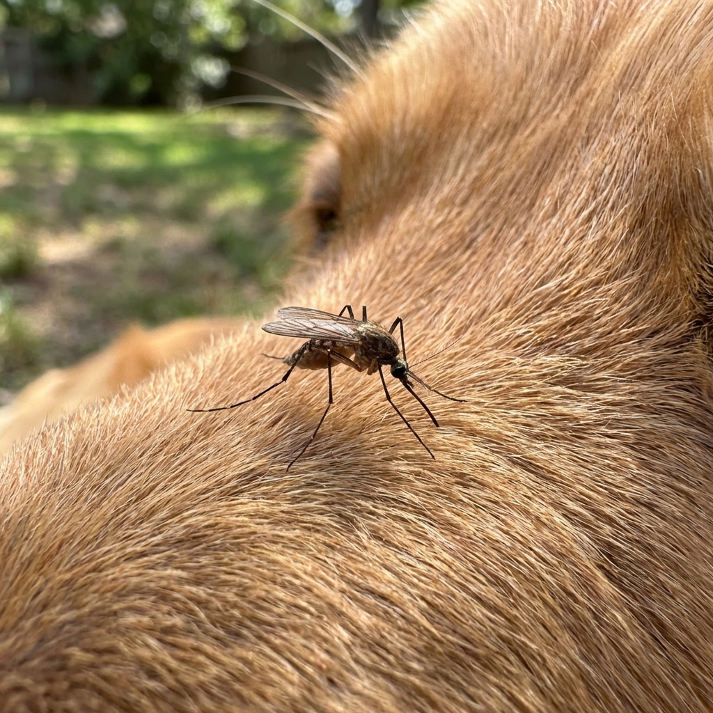 A close-up photo of a mosquito resting on a dog’s fur outdoors