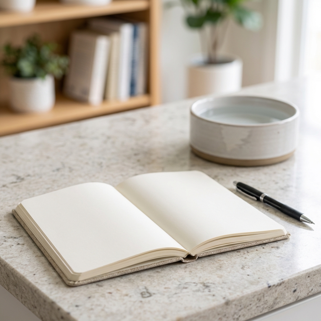 A close-up photo of a notebook on a counter with a pen beside a dog water bowl in the background