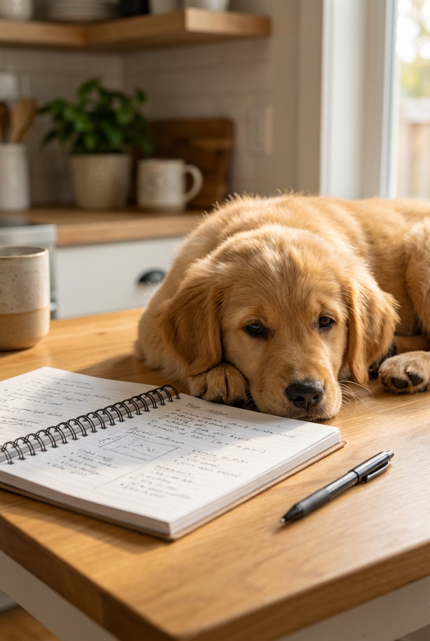 A-close-up photo of a notebook on a kitchen table with a pen and a dog resting nearby