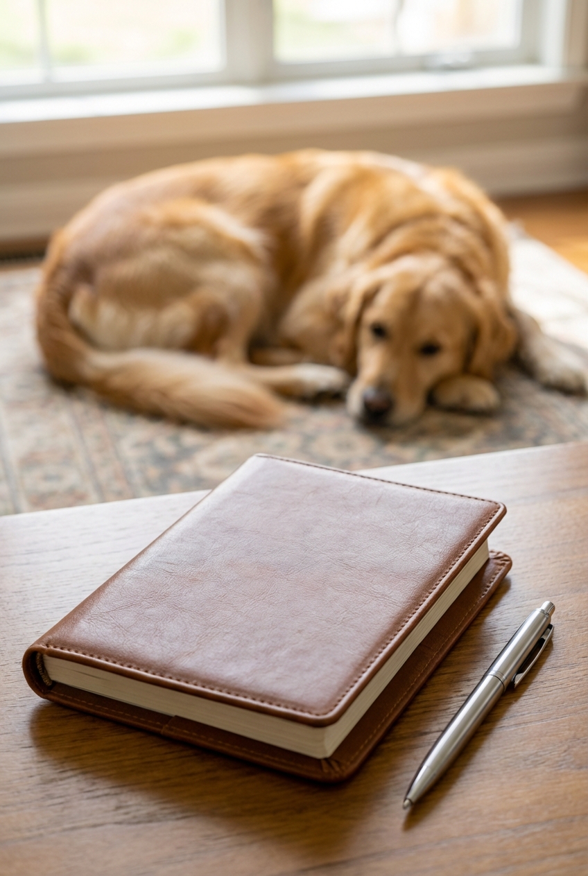 A close-up photo of a notebook on a table with a pen and a dog resting in the background