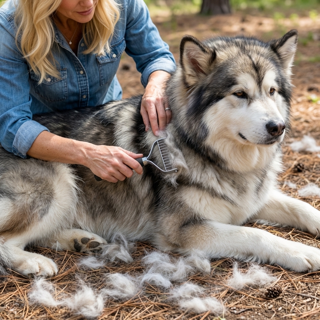 A close-up photo of a person brushing an Alaskan Malamute’s thick double coat outdoors, undercoat rake visible, loose fur collecting on the ground
