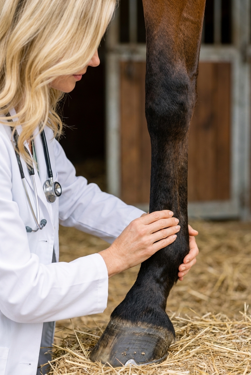A close-up photo of a person feeling a horse's digital pulse near the fetlock