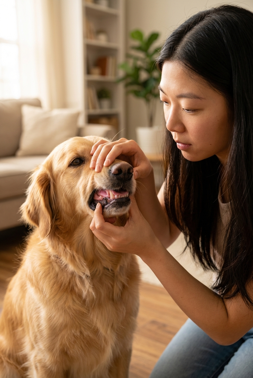 A close-up photo of a person gently checking a dog's gums at home with soft natural light