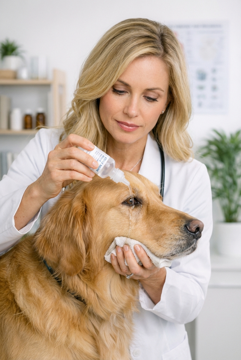 A close-up photo of a person gently flushing a dog's eye with sterile saline while the dog is calmly held