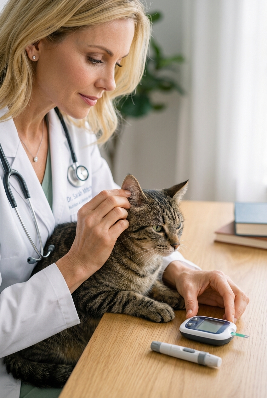 A close-up photo of a person gently holding a cat’s ear while preparing a small handheld blood glucose meter nearby