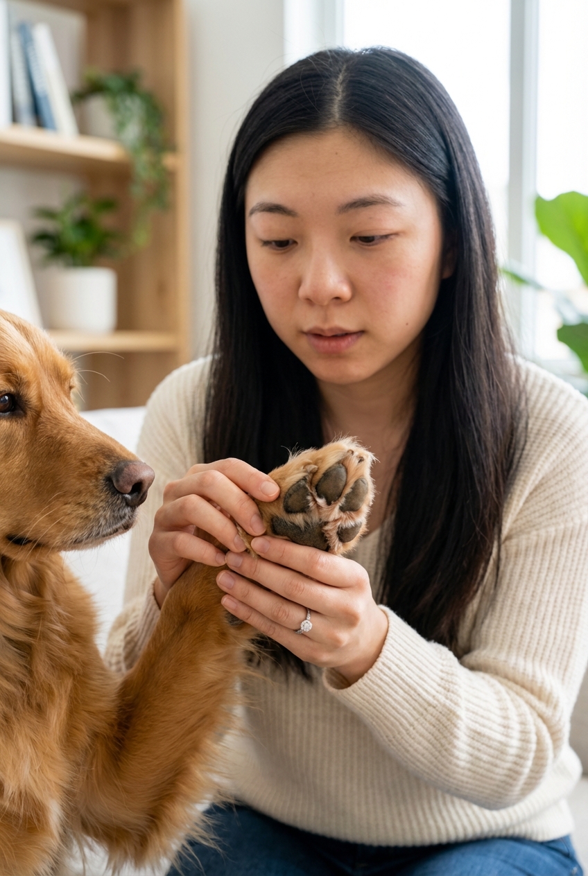 A close-up photo of a person gently holding a dog's paw while checking the pads and between the toes