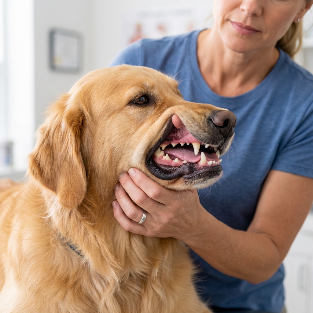 A close-up photo of a person gently lifting a dog’s lip to check gum color