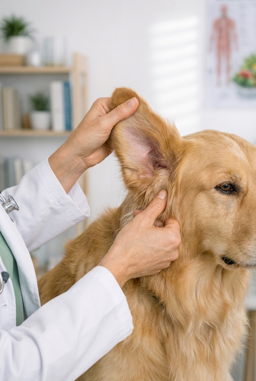 A close-up photo of a person gently massaging the base of a dog’s ear while holding the ear flap up