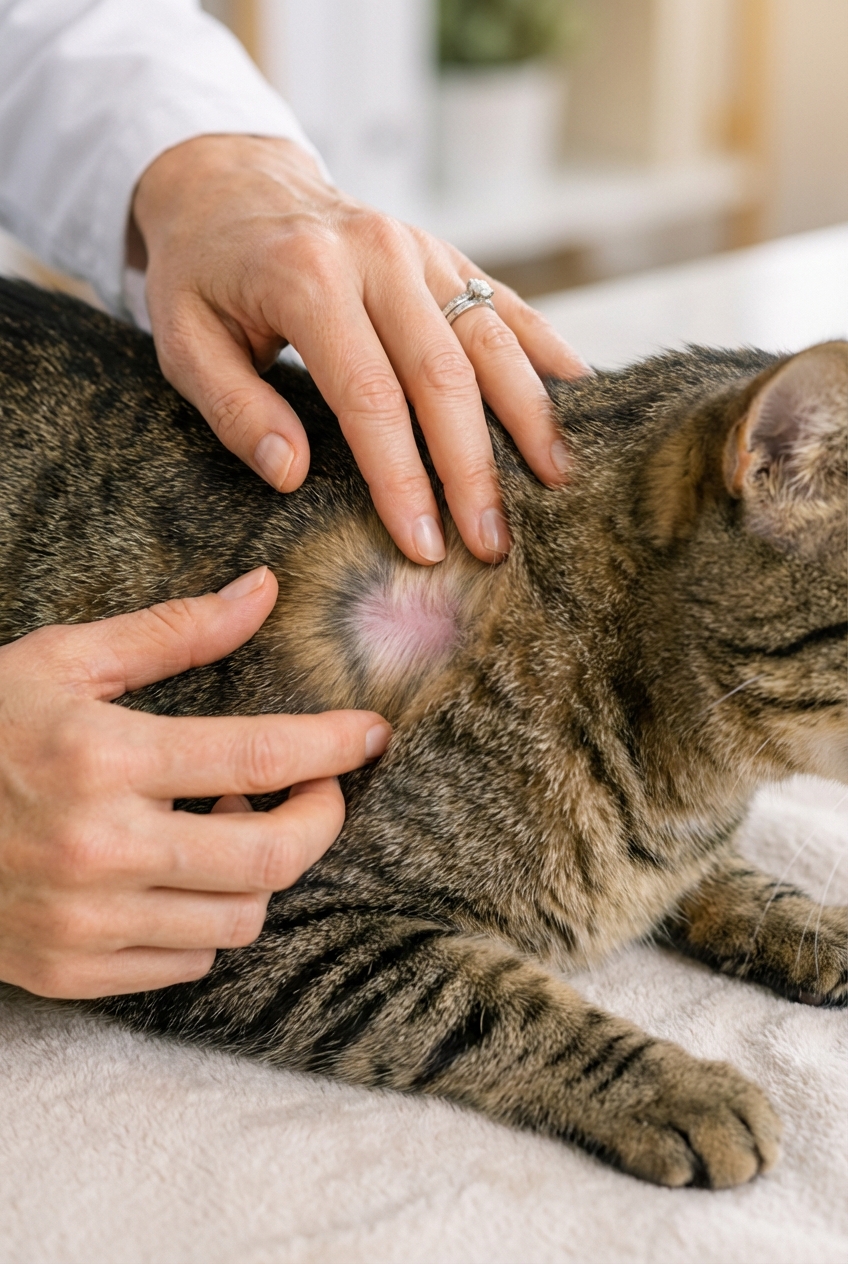 A close-up photo of a person gently parting a cat's fur on its side to check the skin