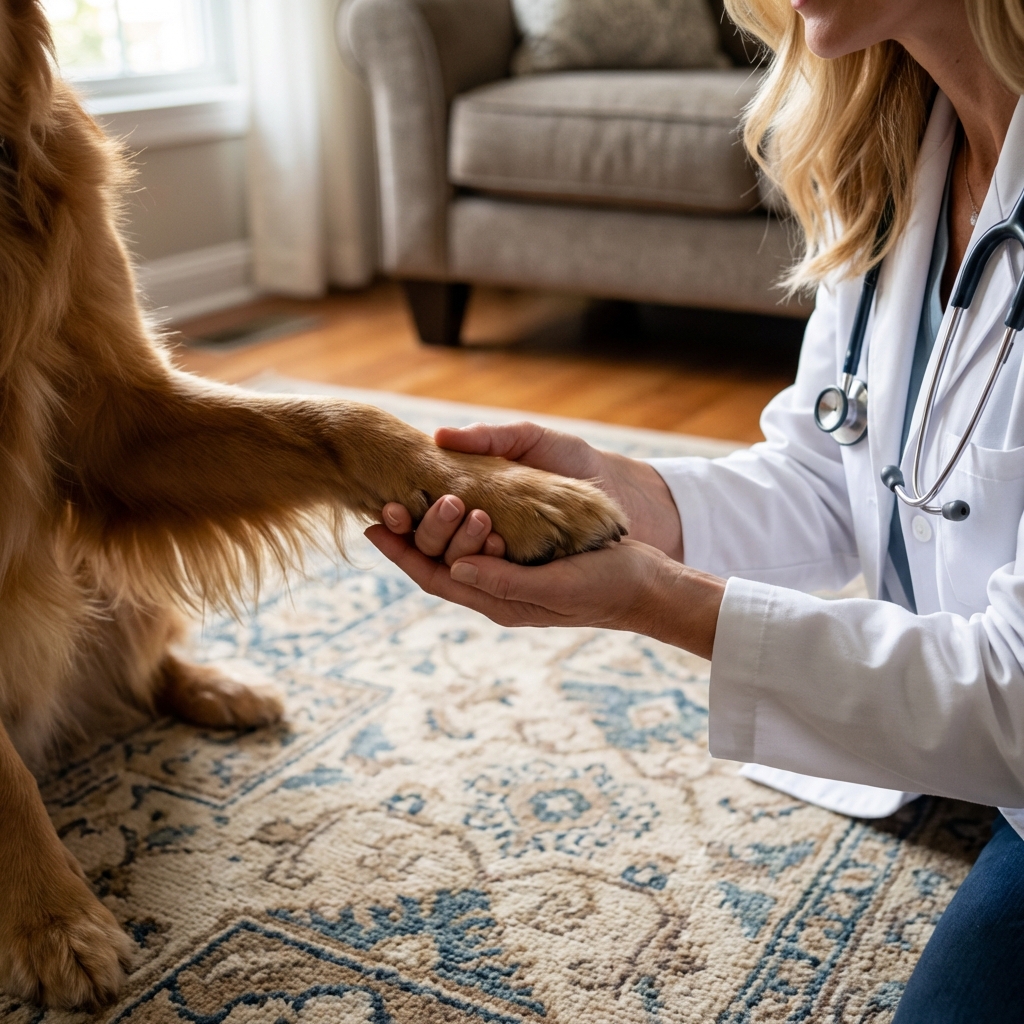 A close-up photo of a person gently supporting a dog’s paw while the dog stands on a living room rug