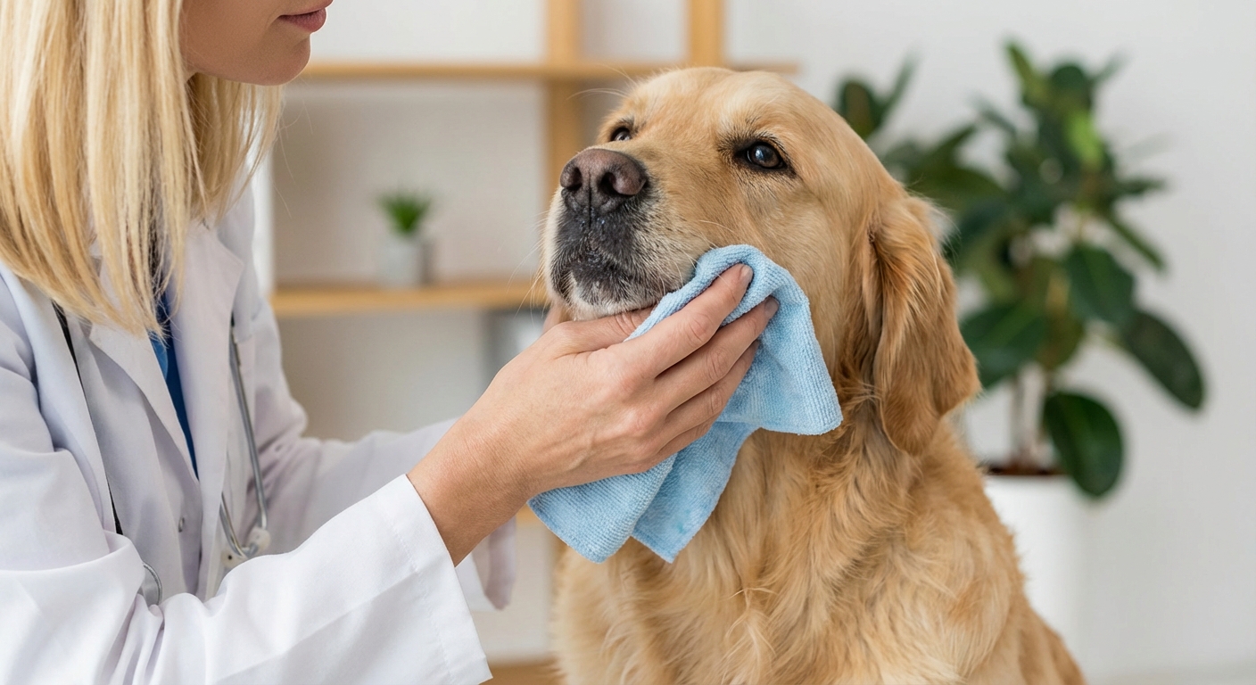 A close-up photo of a person gently wiping a dog's muzzle with a soft damp cloth