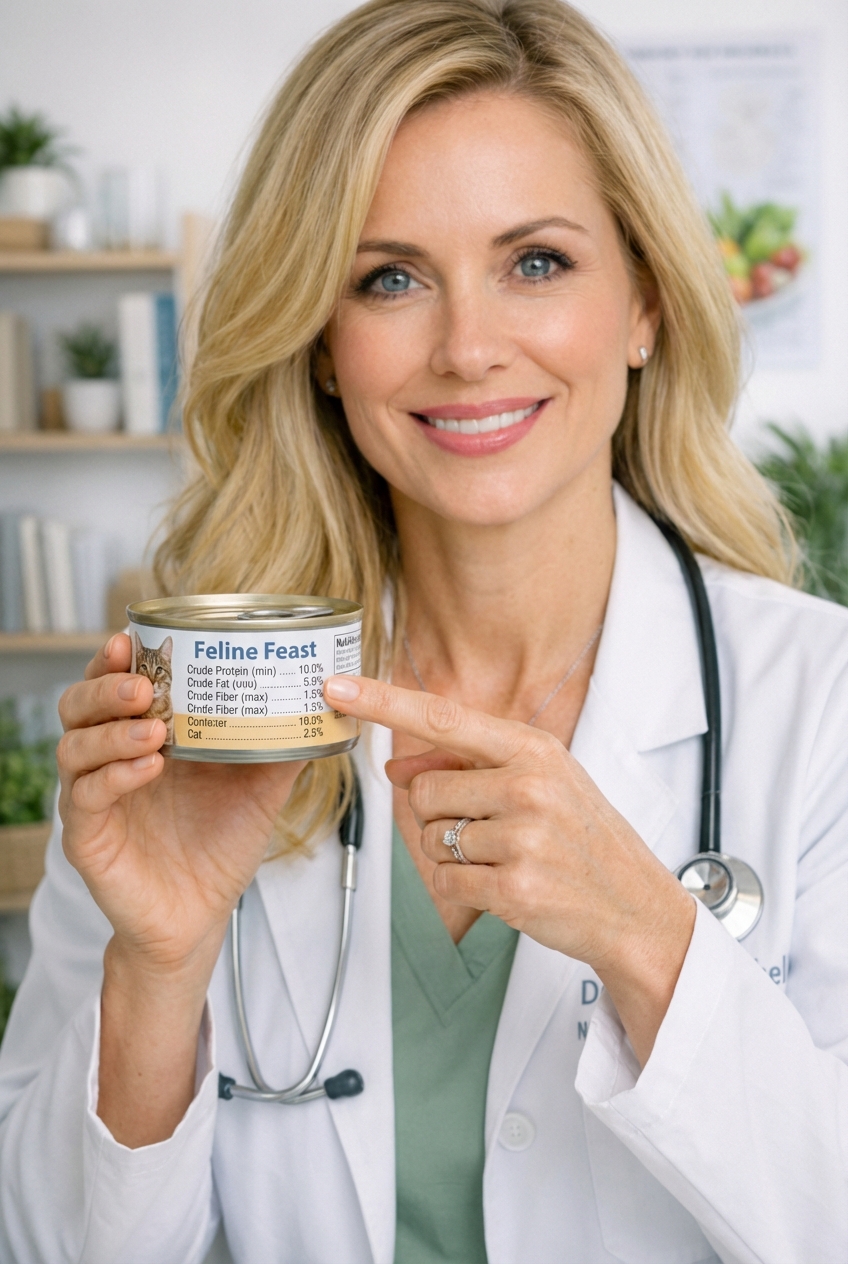 A close-up photo of a person holding a cat food can label and pointing to the protein line