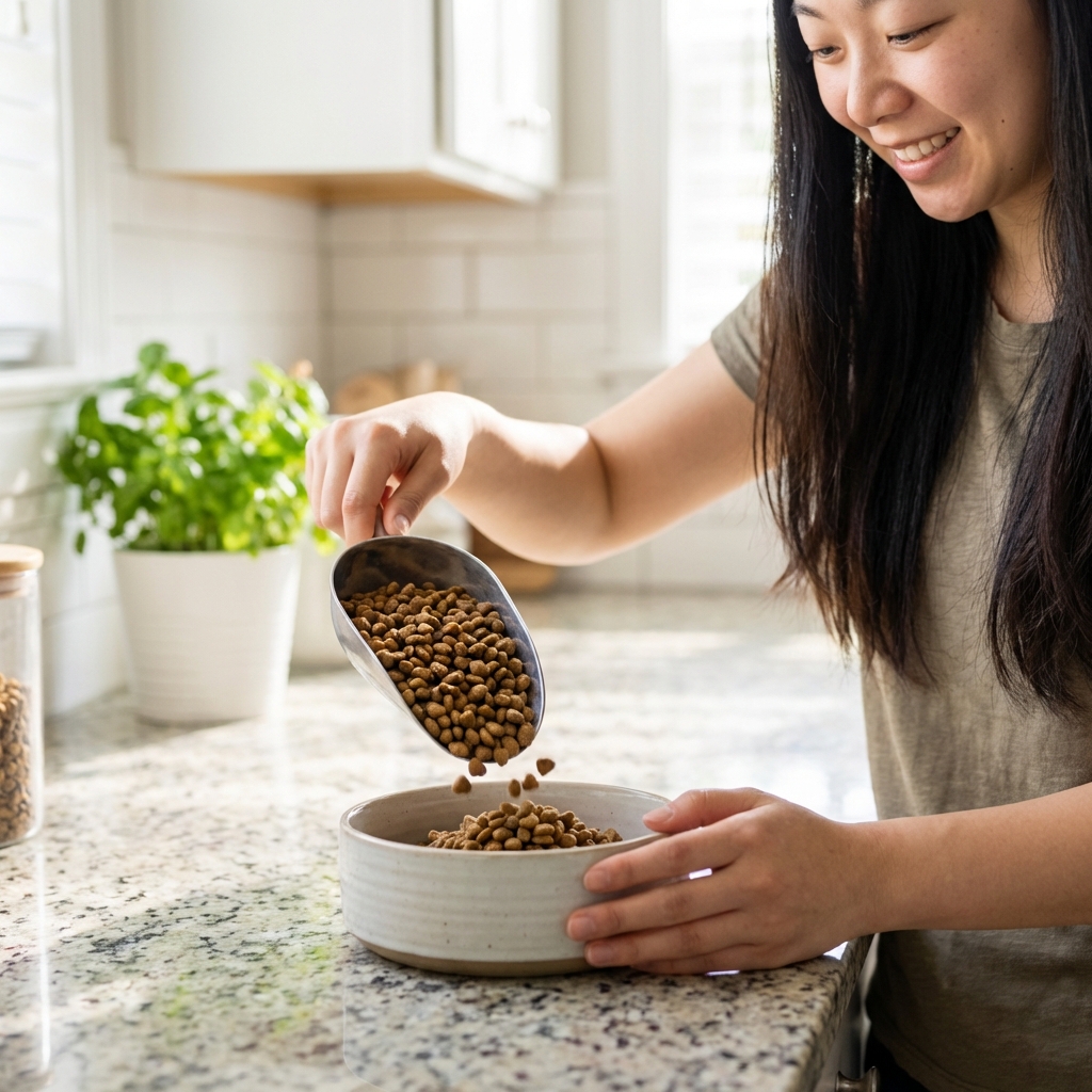 A close-up photo of a person measuring dry cat food into a bowl on a kitchen counter