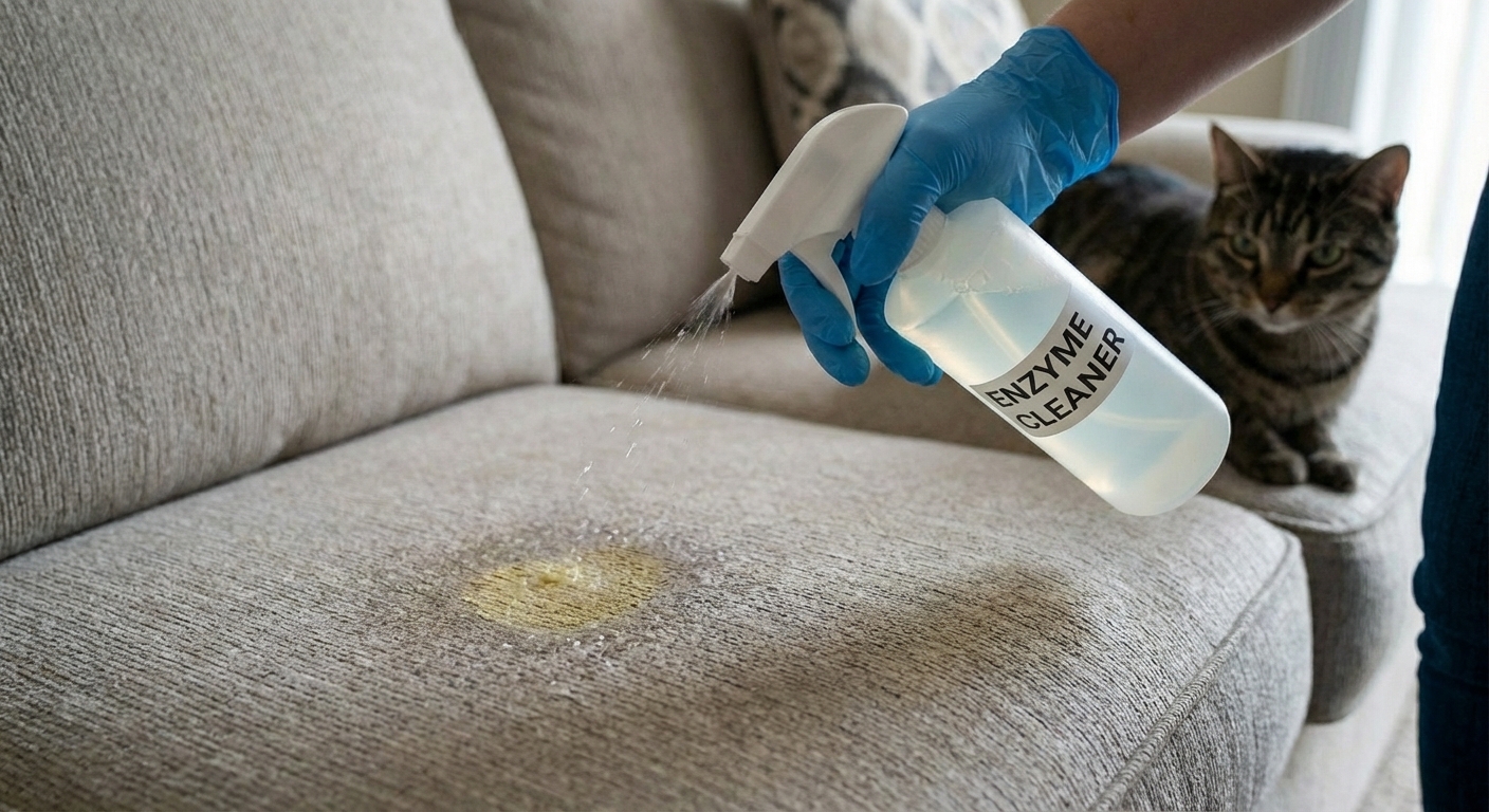 A close-up photo of a person spraying enzymatic cleaner onto a cat urine spot on a sofa cushion