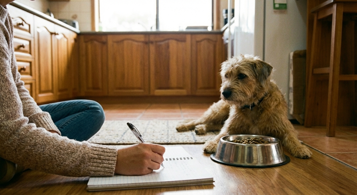 A close-up photo of a person writing notes in a notebook next to a dog food bowl in a kitchen