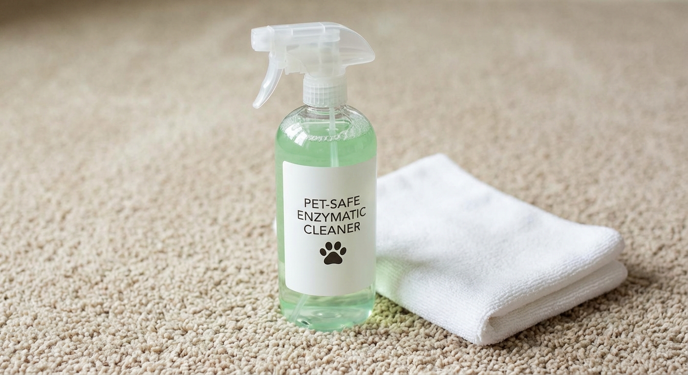 A close-up photo of a pet-safe enzymatic cleaner bottle sitting next to a clean cloth on carpet