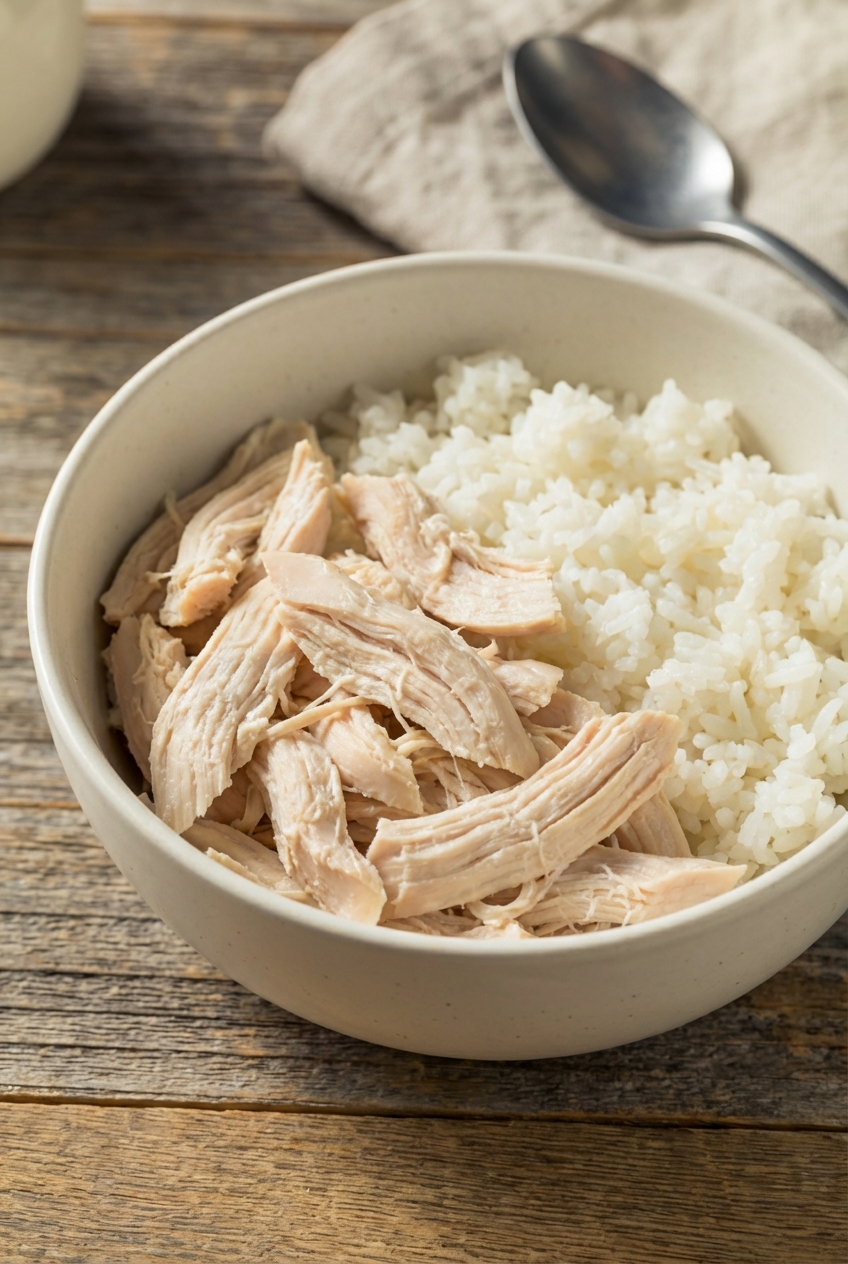 A close-up photo of a plain bowl with shredded boiled chicken and white rice