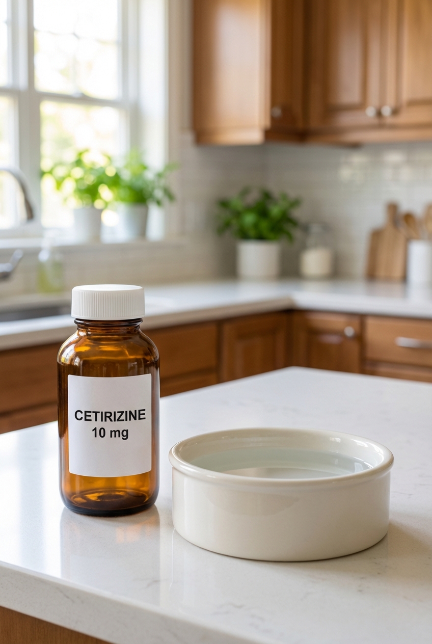 A close-up photo of a plain cetirizine bottle on a kitchen counter next to a dog water bowl