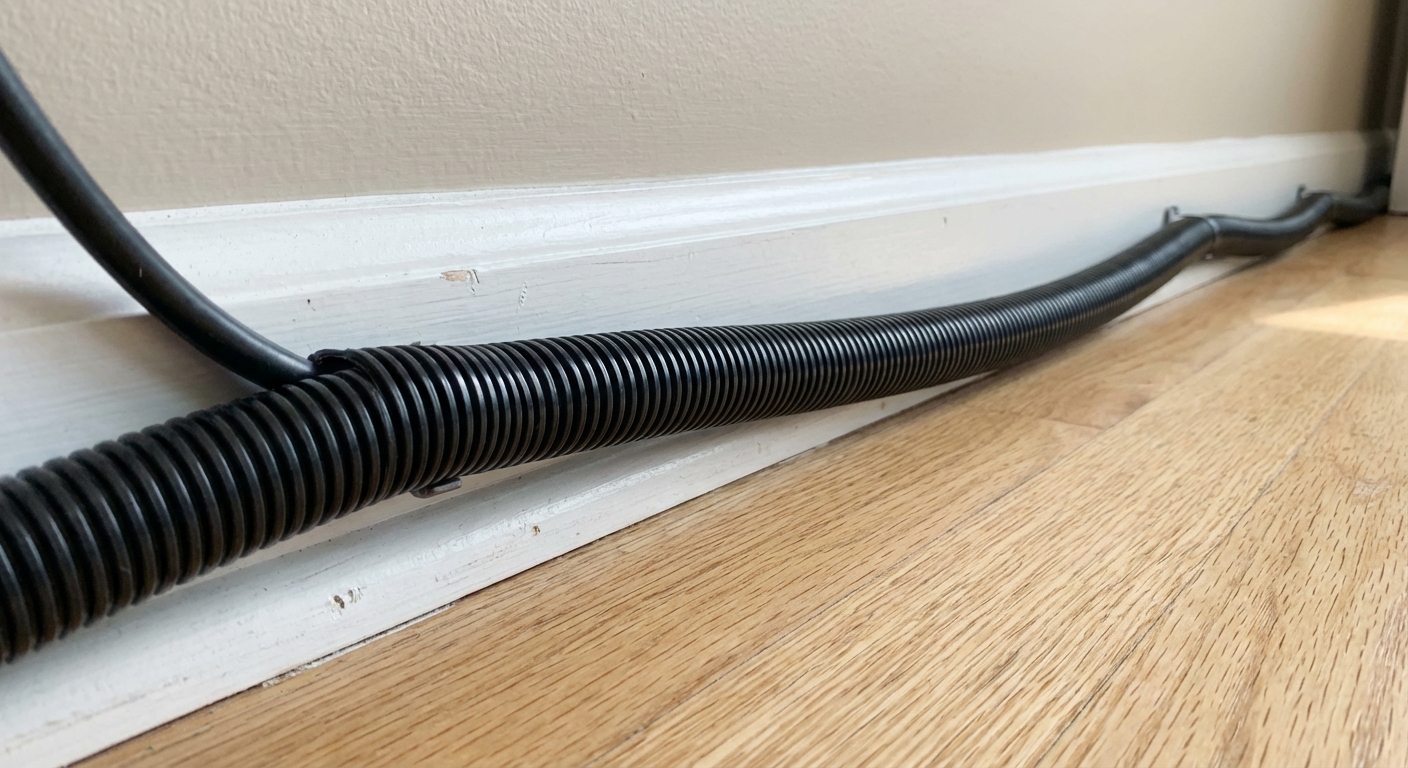 A close-up photo of a power cord wrapped in black split loom tubing running along a baseboard