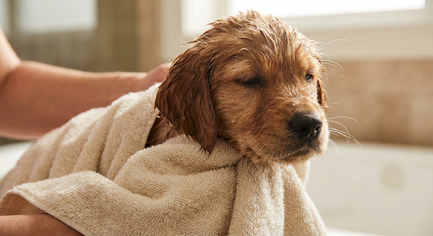 A close-up photo of a puppy being wrapped in a towel after a bath with water droplets on the fur