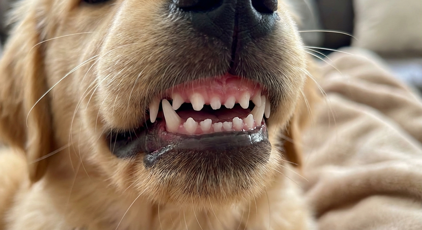 A close-up photo of a puppy's mouth with small white teeth and slightly pink gums