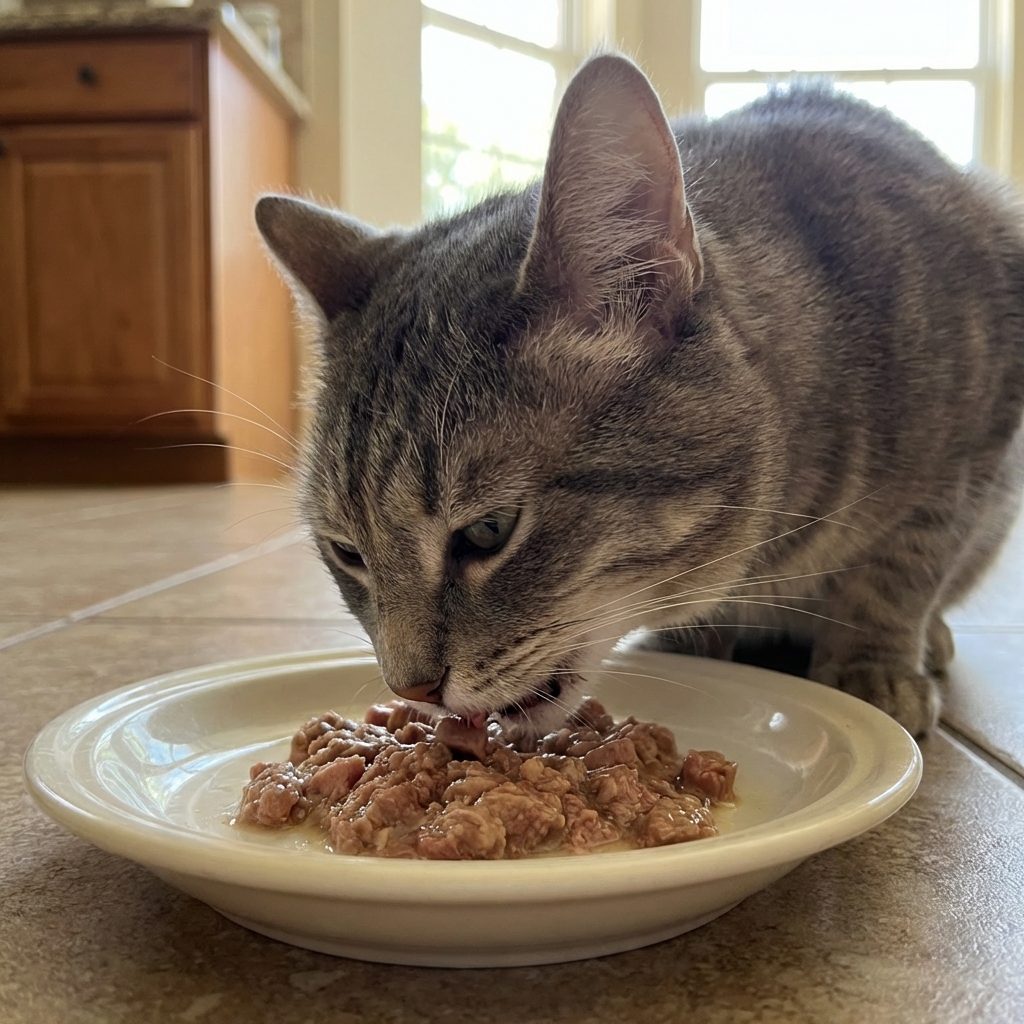A close-up photo of a relaxed cat eating canned food from a shallow dish