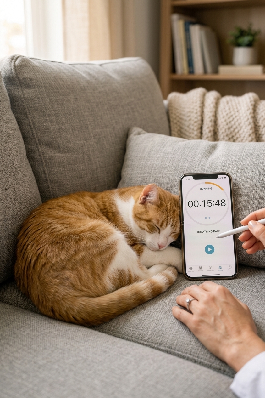 A close-up photo of a resting cat curled on a couch while a smartphone timer is visible nearby, showing an owner timing the cat's breathing, realistic lifestyle photography